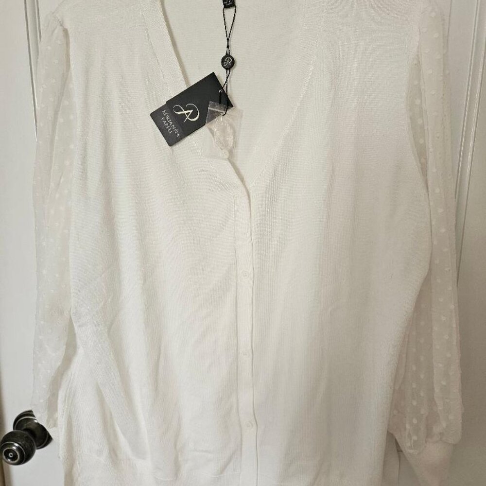 Ladies' White Lightweight Button-Front Cardigan with Sheer Dot Sleeves